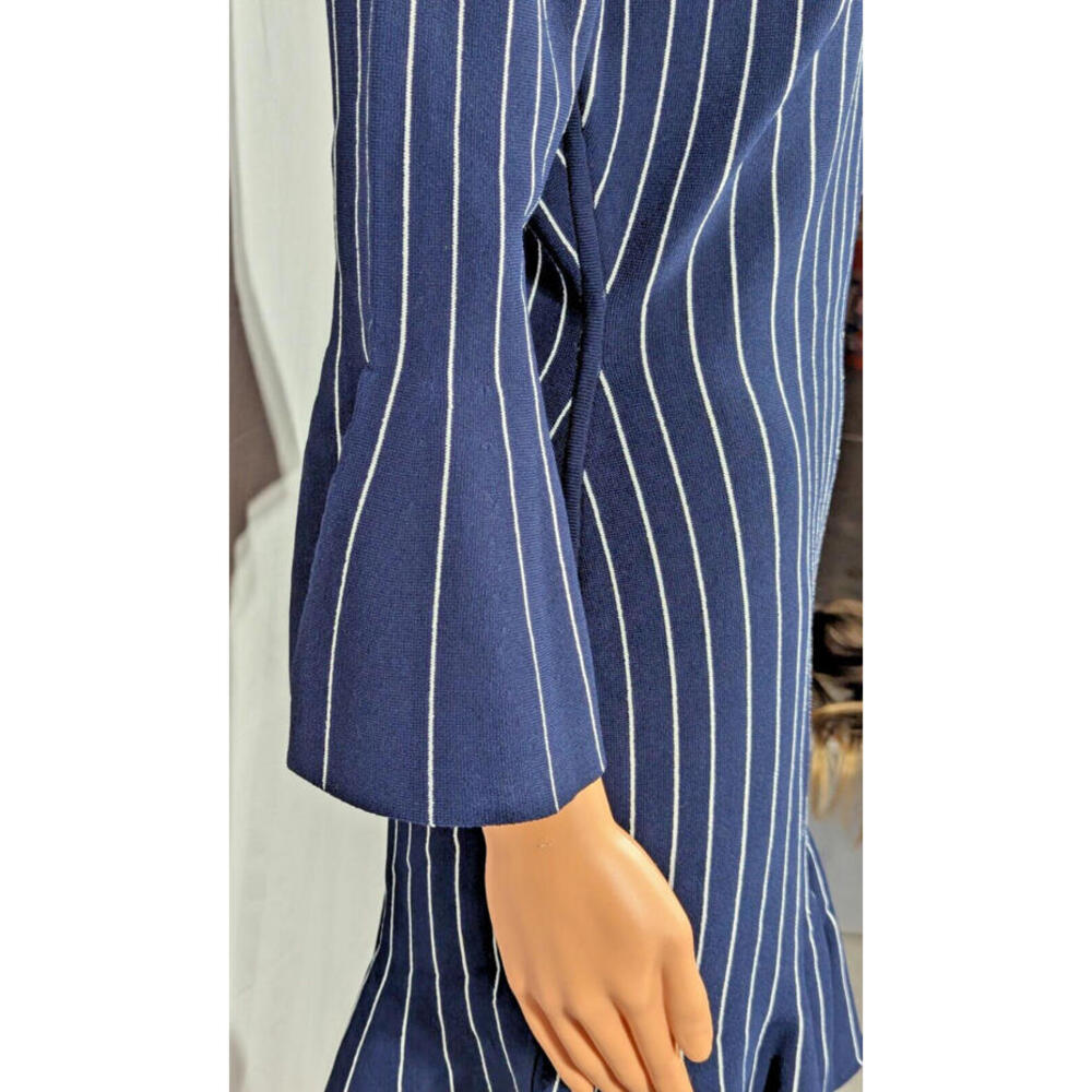 NWT MILLY Pinstripe Dress Navy/White Size L Flair Skirt Party Cocktail Workwear - Picture 4 of 9